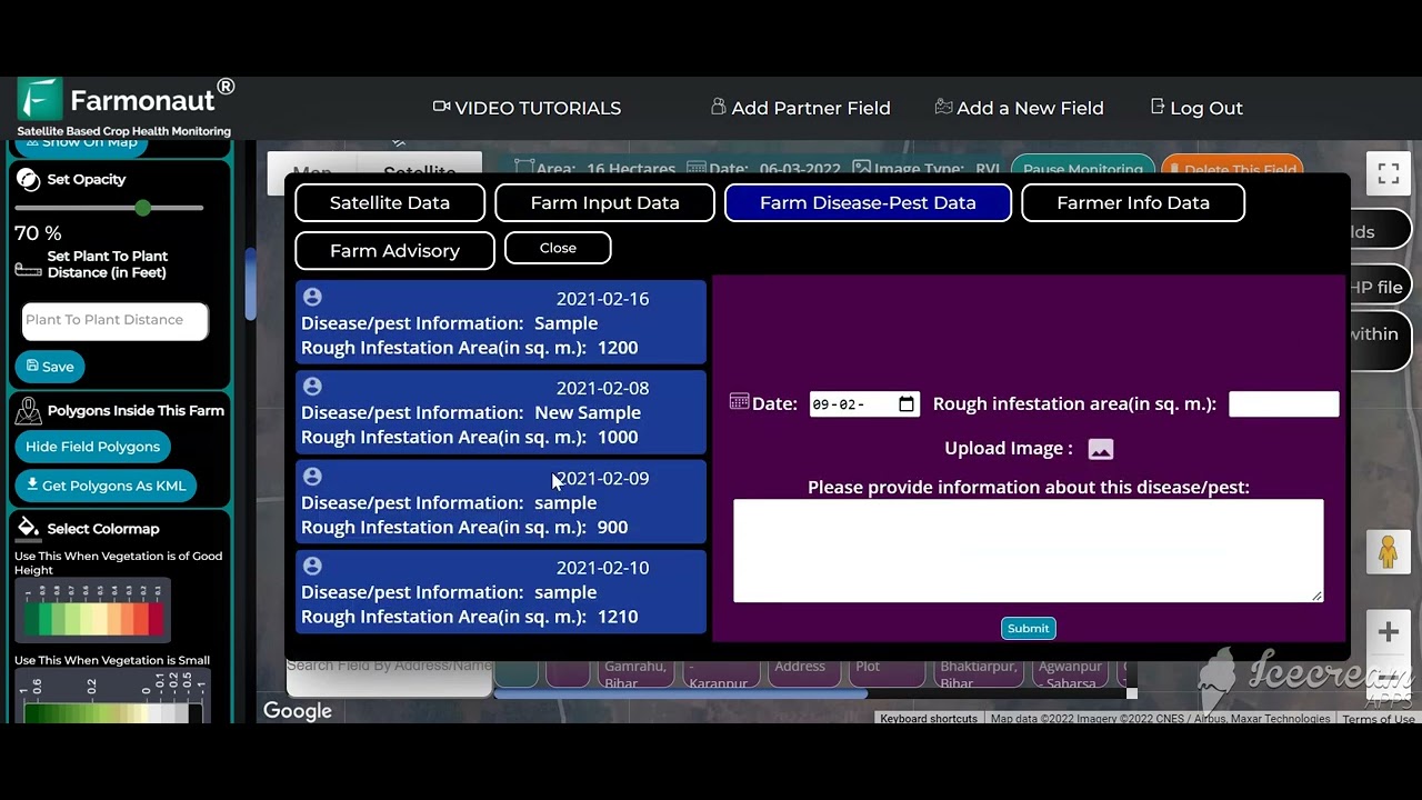 Farmonaut traceability features for recording farm inputs, pest and infestation data and farmer details.