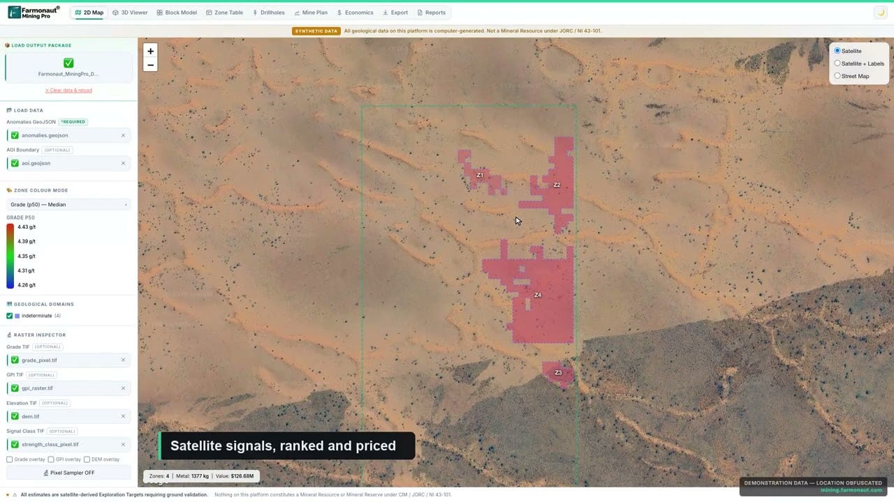 A quick look at Farmonaut Mining Pro, which turns a licence boundary into a geological and economic picture (de-identified demo data).