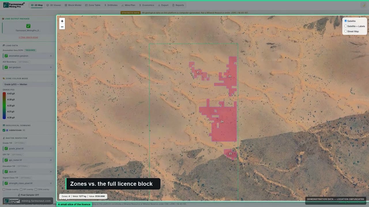 A tour of a mining GIS map: licence boundaries, satellite-detected anomaly zones and live stats (de-identified demo data).