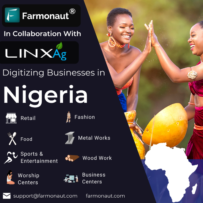 May be an image of 2 people and text that says "Farmonaut R In Collaboration With LINXAg Digitizing Businesses in Nigeria Retail Fashion Food Metal Works Sports & Entertainment Wood Work Worship Centers Business Centers support@farmonaut.com farmonaut.com"