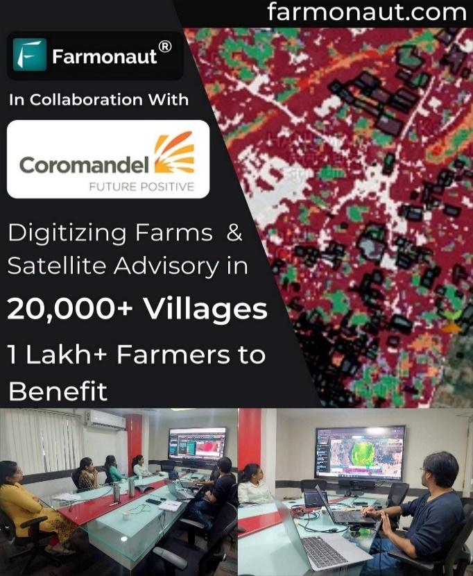May be an image of 7 people, screen and text that says 'Farmonaut farmonaut.com In Collaboration With Coromandel FUTURE POSITIVE Digitizing Farms Satellite Advisory in 20,000+ Villages 1 Lakh+ Farmers to Benefit'