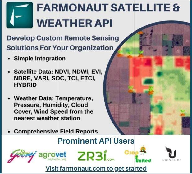May be an image of text that says "FARMONAUT SATELLITE & WEATHER API Develop Custom Remote Sensing Solutions For Your Organization .Simple Integration Satellite Data: NDVI, NDWI, EVI, NDRE, VARI, soC, TCI, ETCI, HYBRID Weather Data: Temperature, Pressure, Humidity, Cloud Cover, Wind Speed from the nearest weather station Comprehensive Field Reports Prominent API Users ZR3Í.COM Crop United /istfrmonaut.comto.get.started Goore agrovet tbrighter bnghte tming UBINCORE"