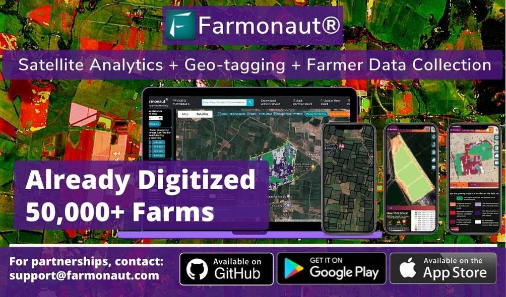 May be an image of text that says "Satellite Analytics Farmonaut® Geo-tagging + Farmer Data Collection Already Digitized 50,000+ Farms For partnerships, contact: support@farmonaut.com Availableon GitHub 'E' ON Google Play Available Availablethe on the App Store"