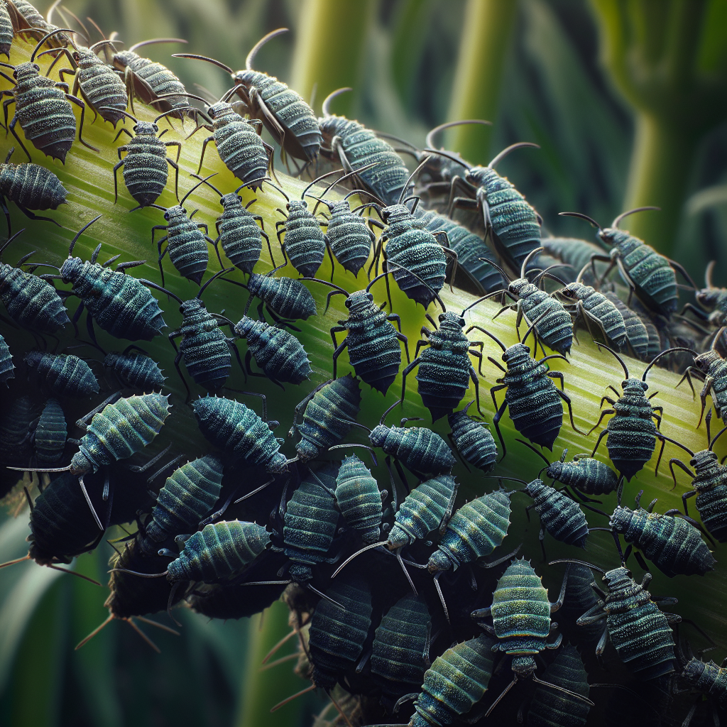 Close-up of dark aphids on a plant stem