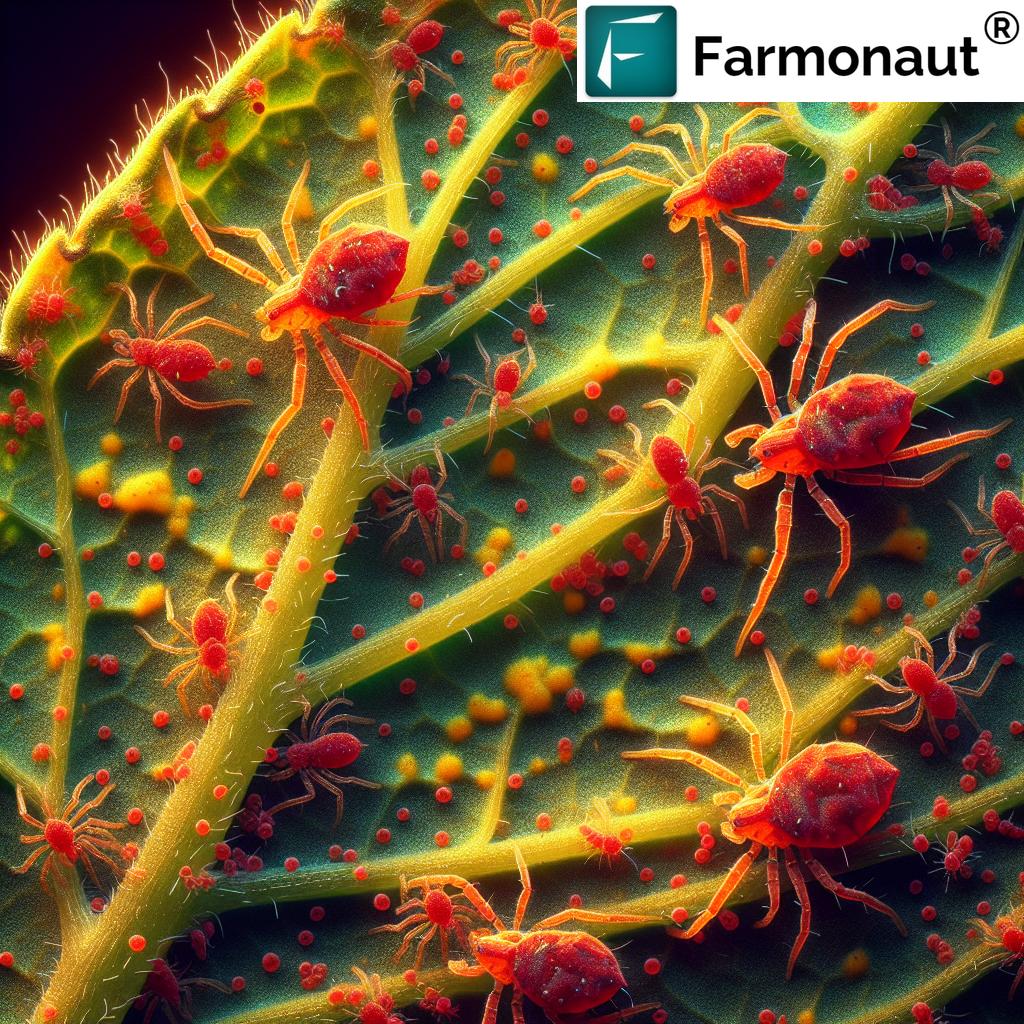 Red spider mites on a plant leaf