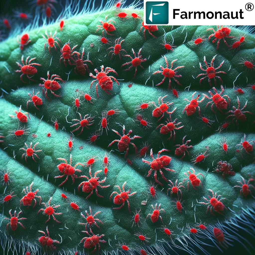 Red spider mites on a plant leaf