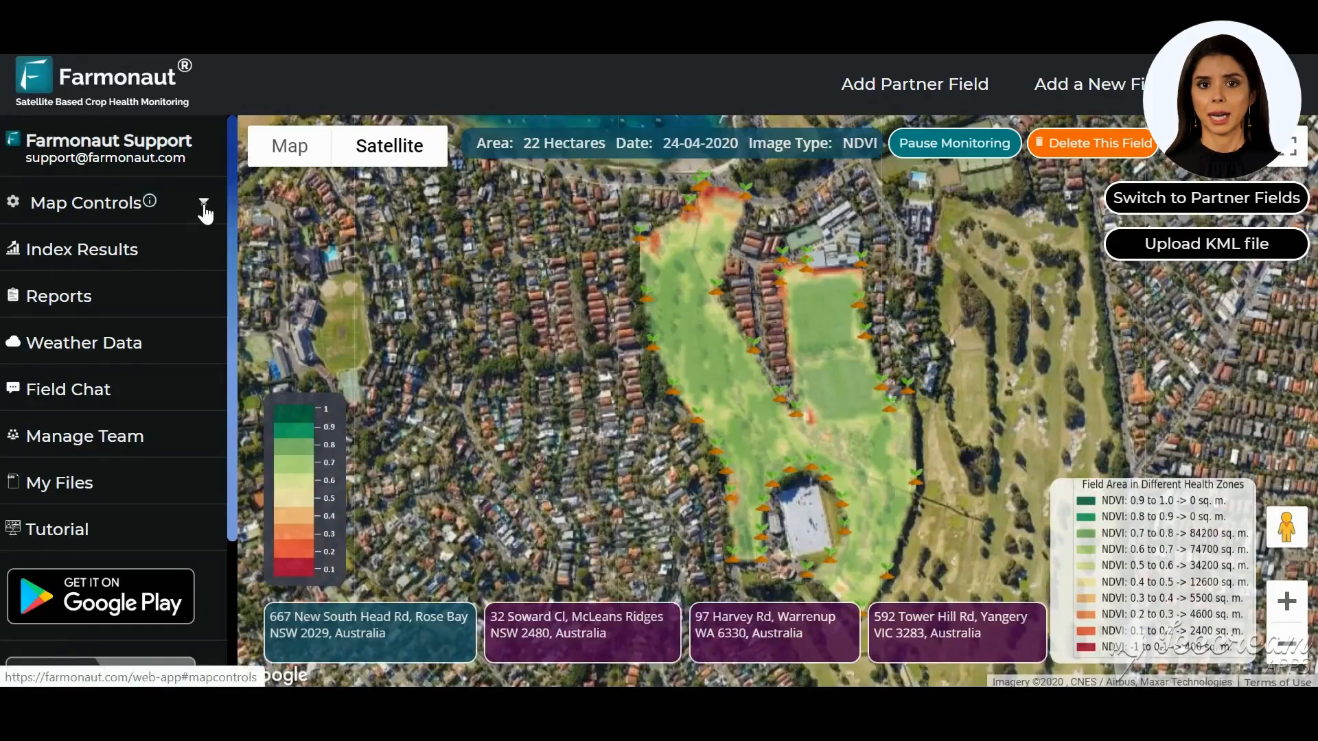 Farmonaut app map control interface