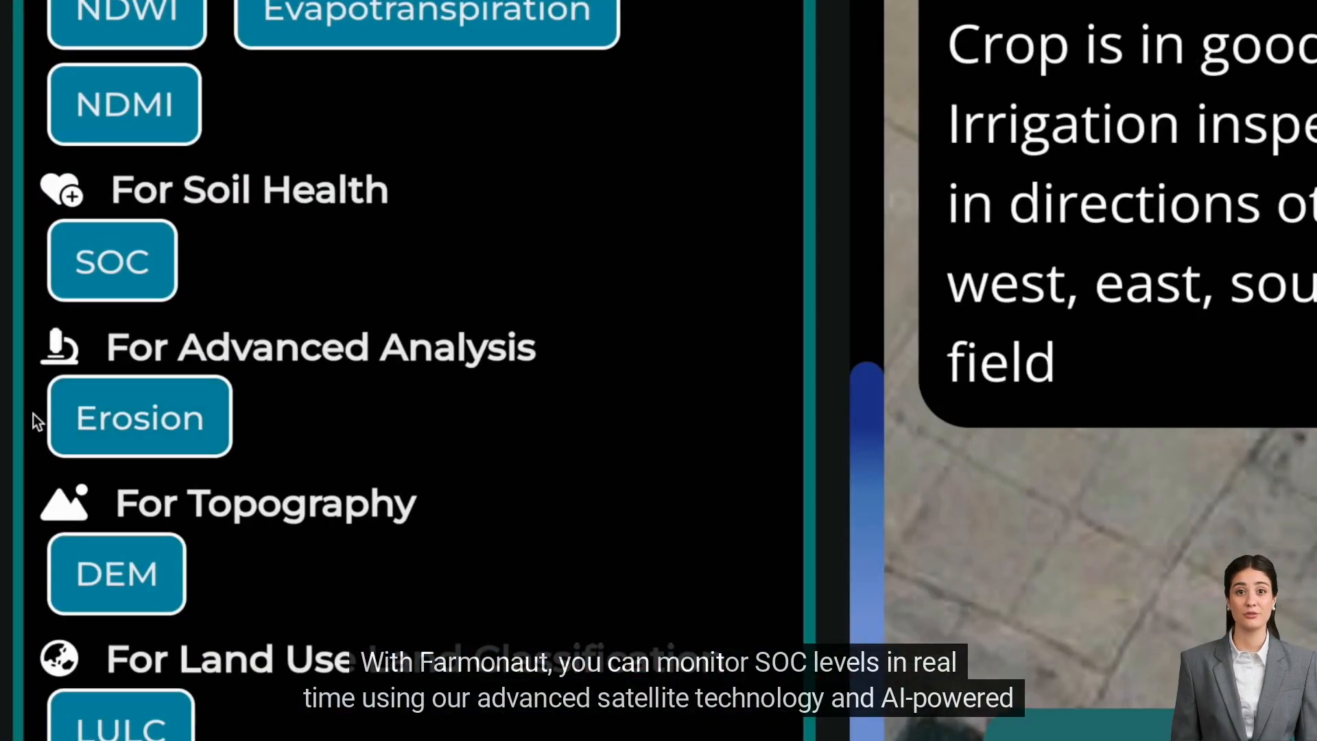 Farmonaut app interface showing SOC monitoring