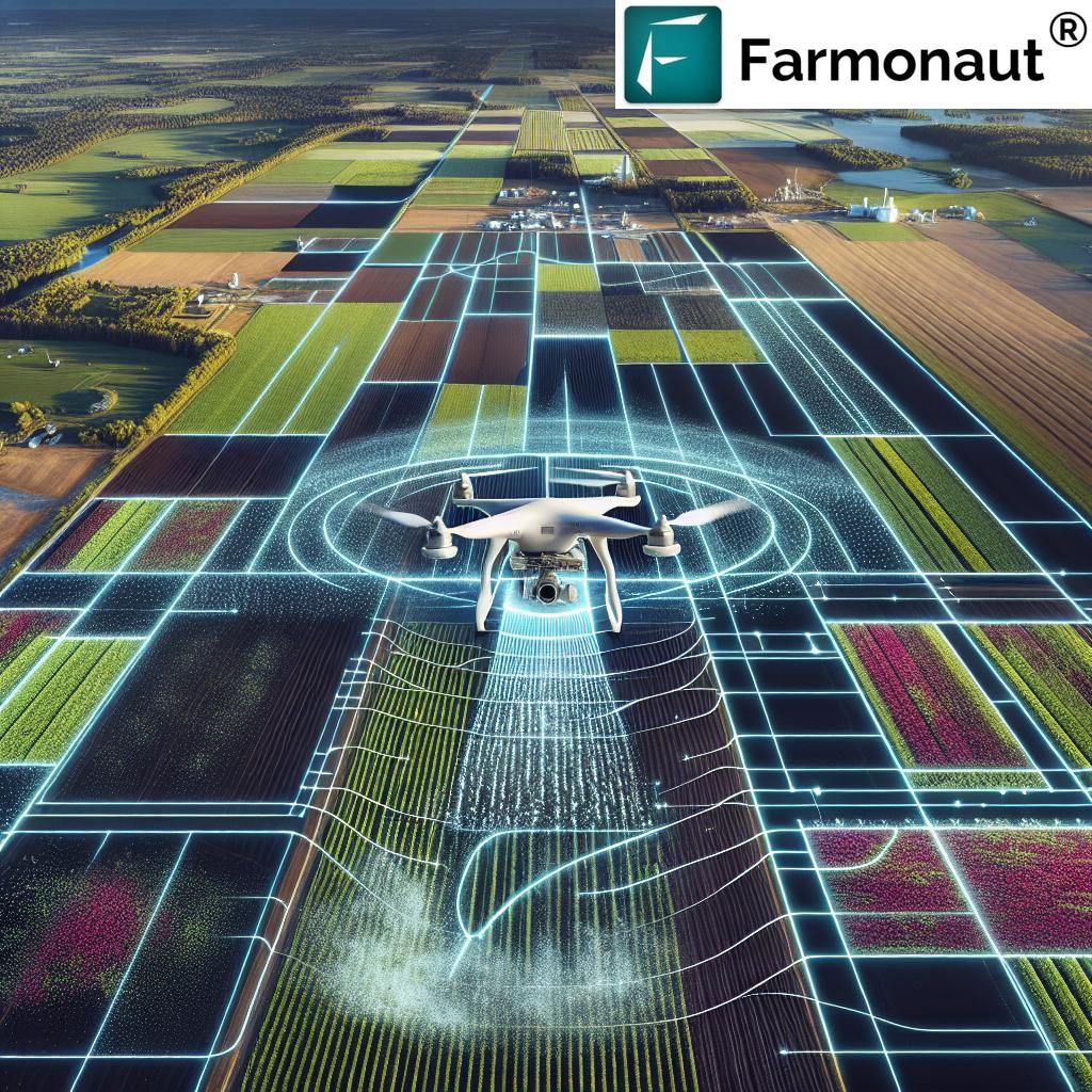 Unmanned helicopter in flight over agricultural fields