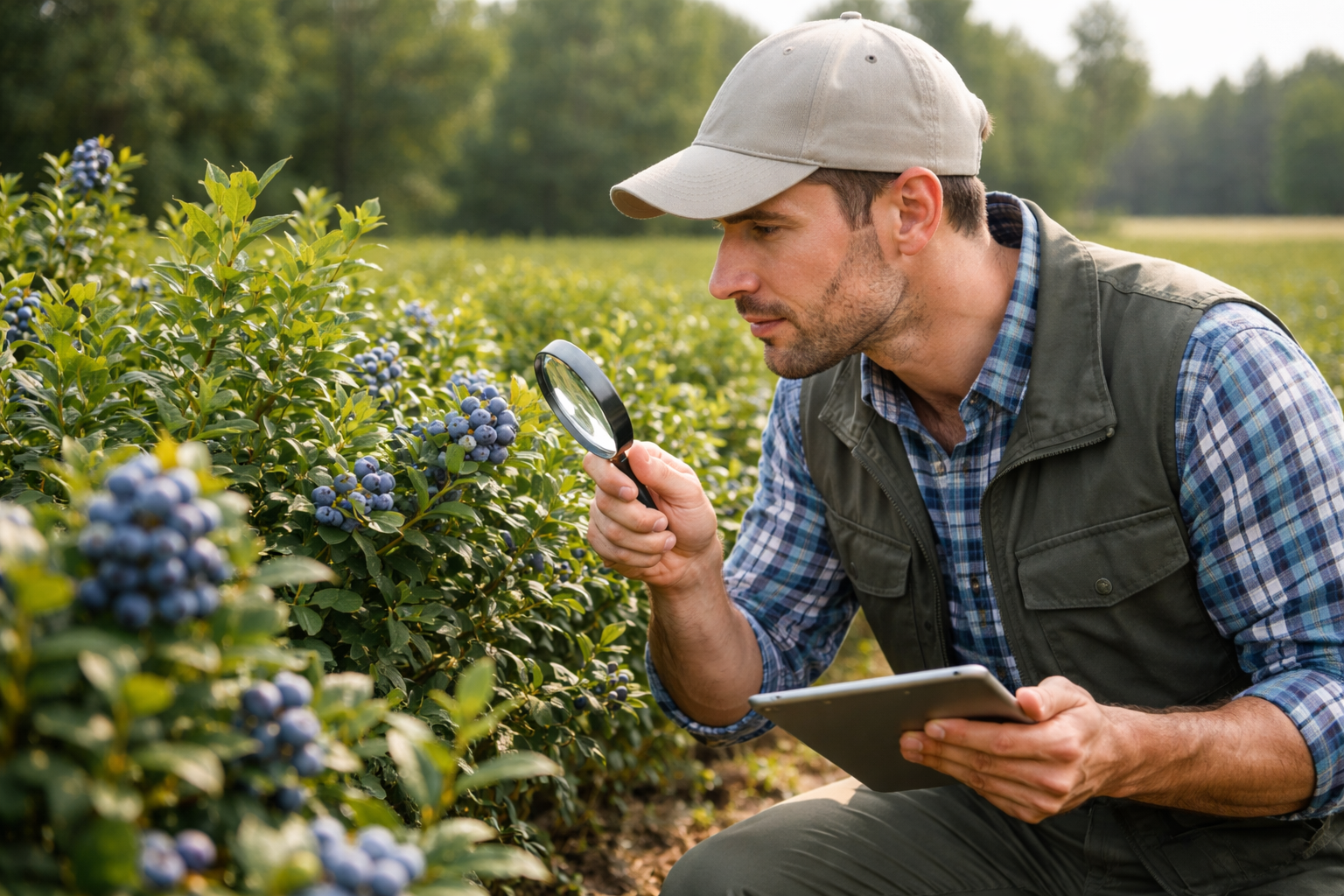 Agronomist Scouting Blueberry Field For Pests And Disease