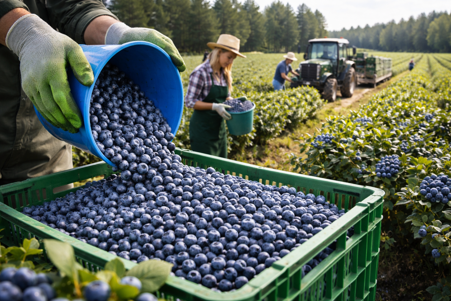 Blueberry Harvest Season – Fresh Blueberries Being Picked