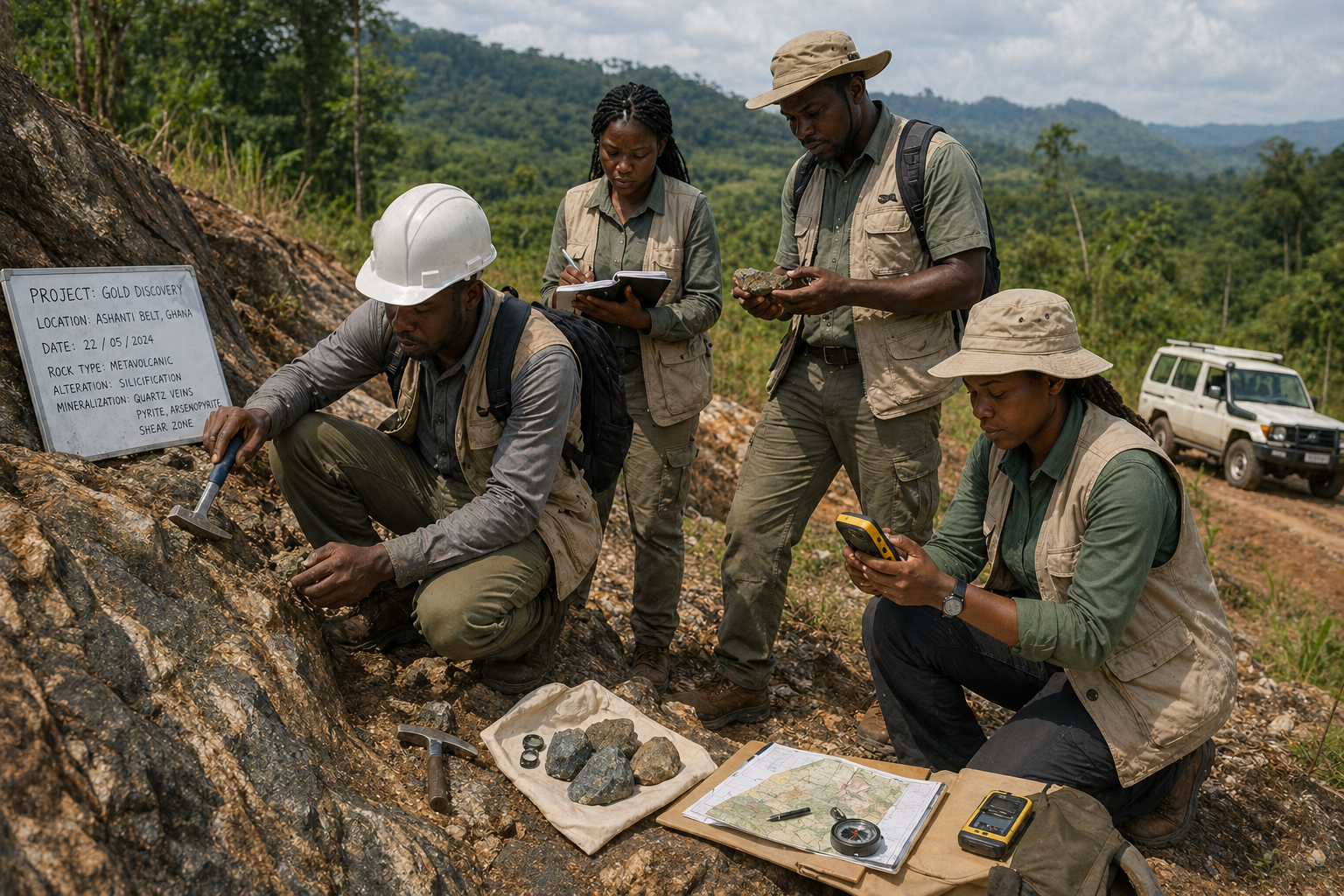 Geological Field Survey Team Conducting Gold Mineral Detection Fieldwork In West Africa