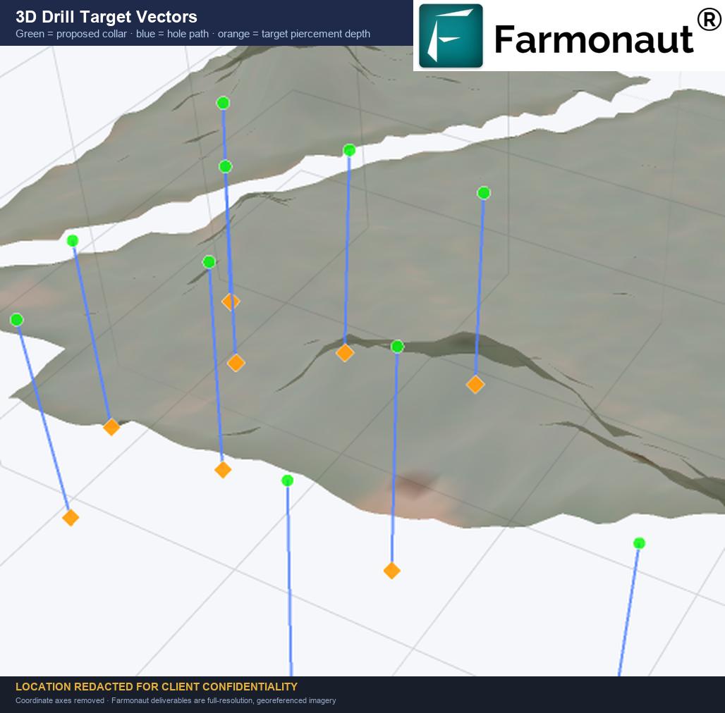 3D Drill Target Vectors Derived From Satellite Gold Anomaly Detection, Showing Collars At Surface, Angled Hole Paths And Orange Target Piercement Points