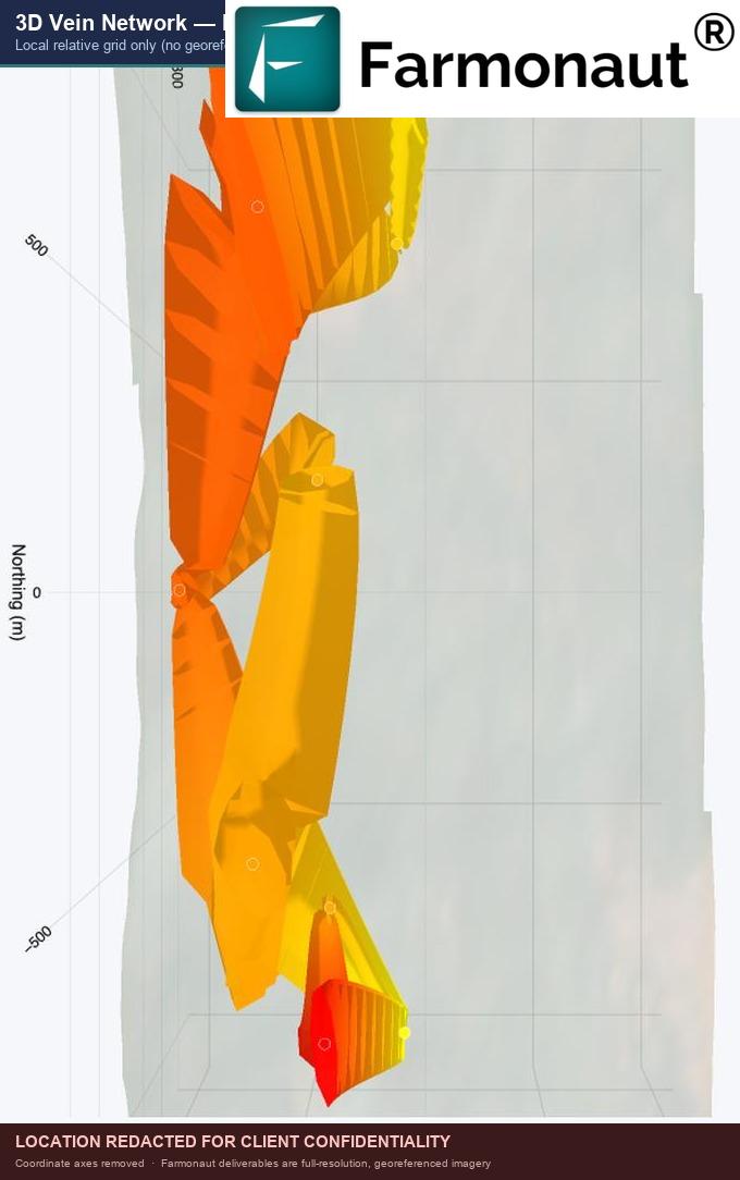 Redacted 3D Vein Network Model Showing Inferred Gold Vein Corridors At Depth With Grade-Coloured Tubes