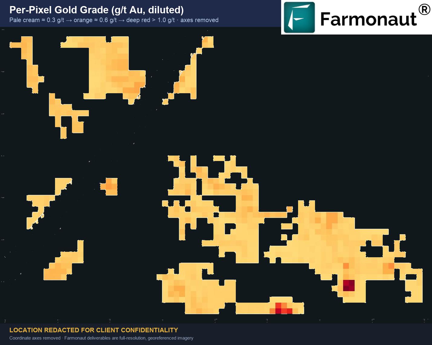 Per-Pixel Gold Grade Map From Satellite Mineral Detection Over A Zambian Licence Block, Showing Grade Heterogeneity Within Each Anomaly Zone
