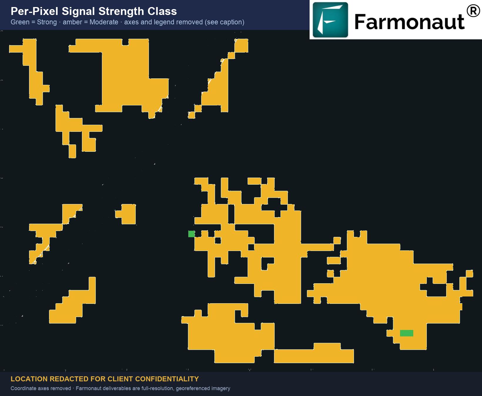 Per-Pixel Signal Strength Class Map For Satellite Gold Anomaly Detection, Showing Almost Entirely Moderate-Class Pixels With Two Isolated Strong Cells