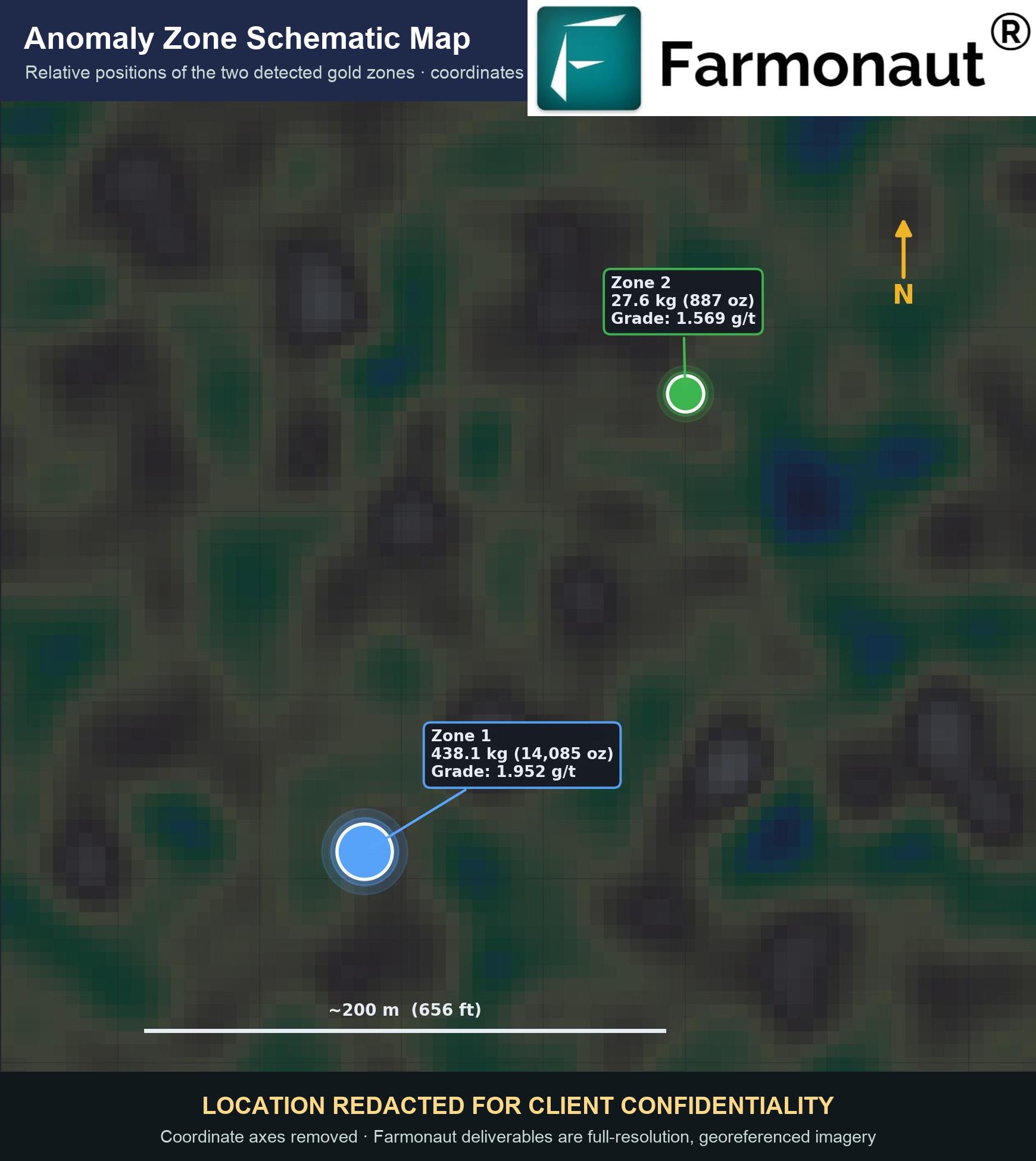 Redacted Satellite Gold Exploration Schematic Map Showing The Two Detected Gold Zones In The Ethiopia Case Study, Coordinates Removed