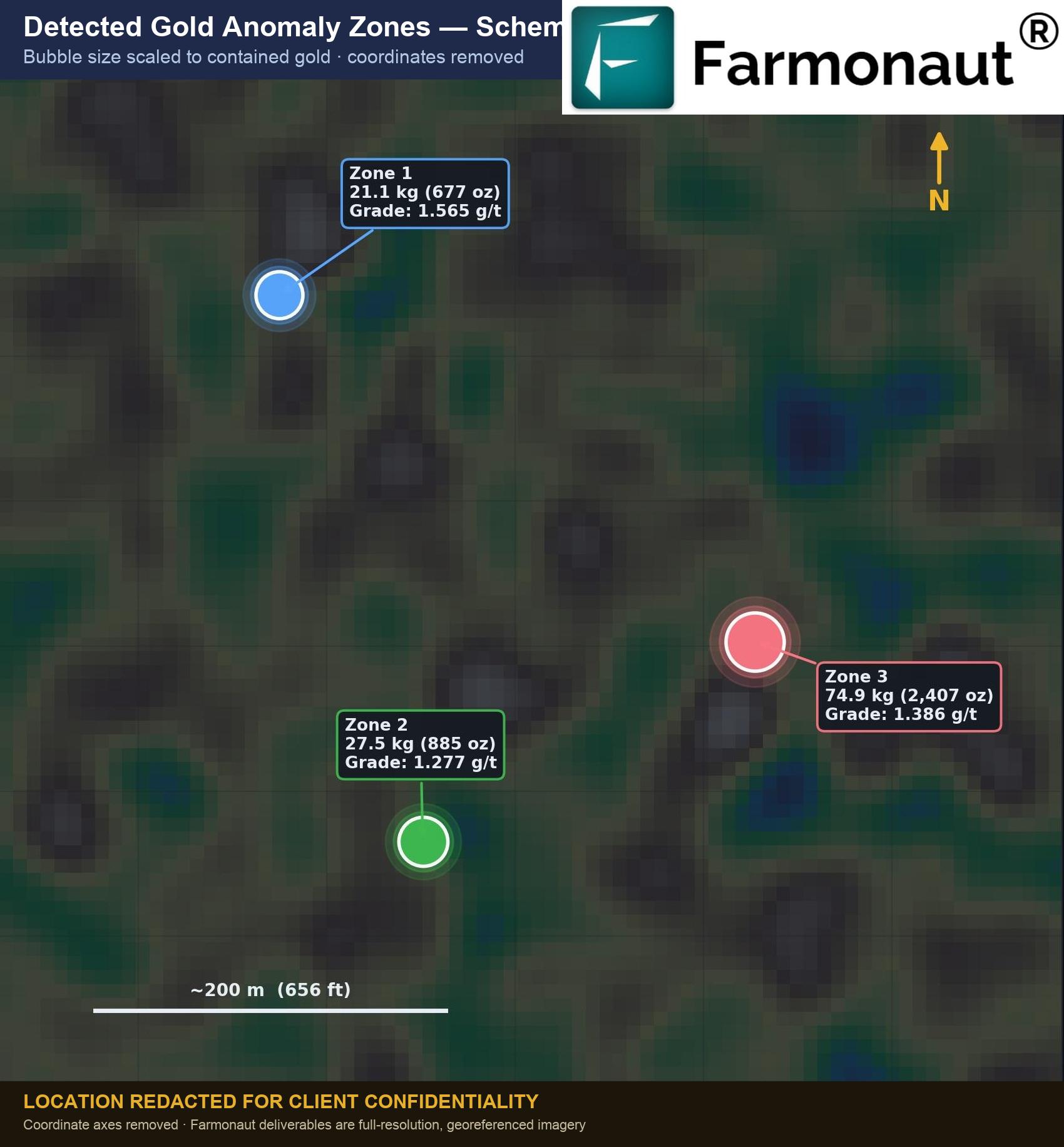 Redacted Schematic Map Of Three Detected Gold Anomaly Zones From The Zambia Satellite Scan, Coordinates Removed