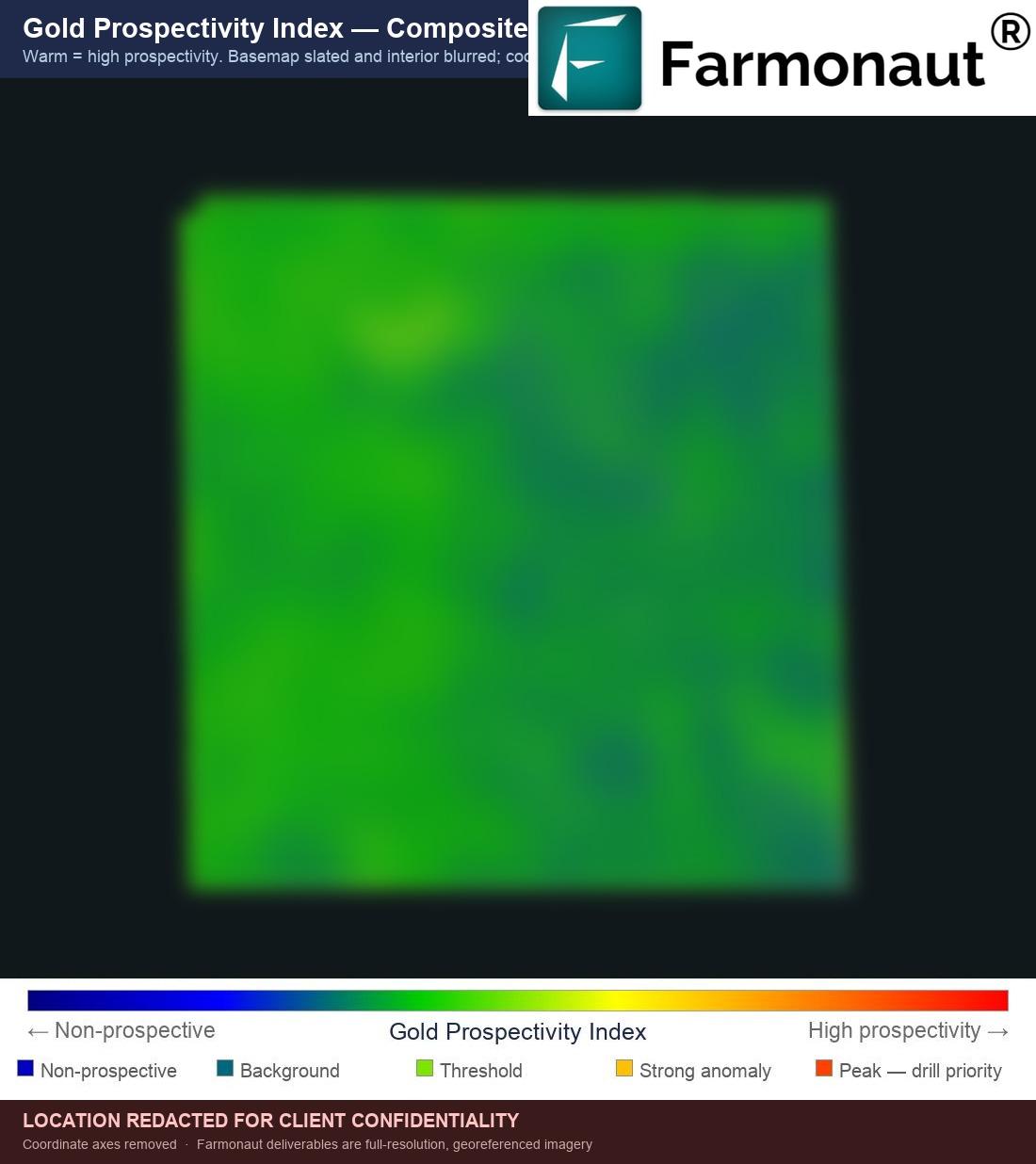Redacted Gold Prospectivity Index Composite Surface From Satellite Gold Exploration Ghana Analysis, Warm Colours Marking High-Prospectivity Pixels