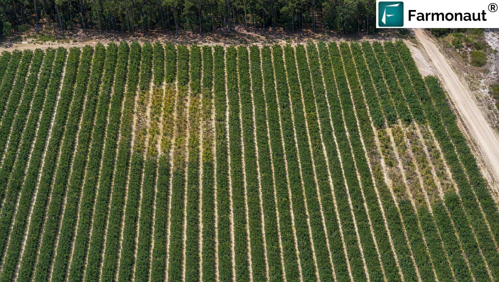 Aerial View Of A Blueberry Block Where Most Rows Are Dense Dark Green But Two Irregular Patches Show Thin Pale Stressed Canopy