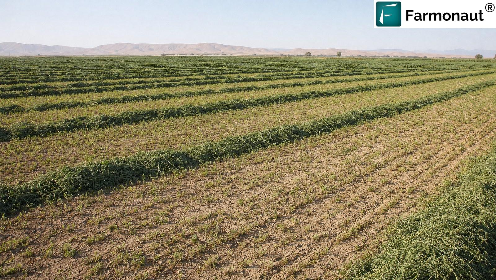 Alfalfa Field After Cutting With Drying Windrows And Green Regrowth Pushing Up Between Them