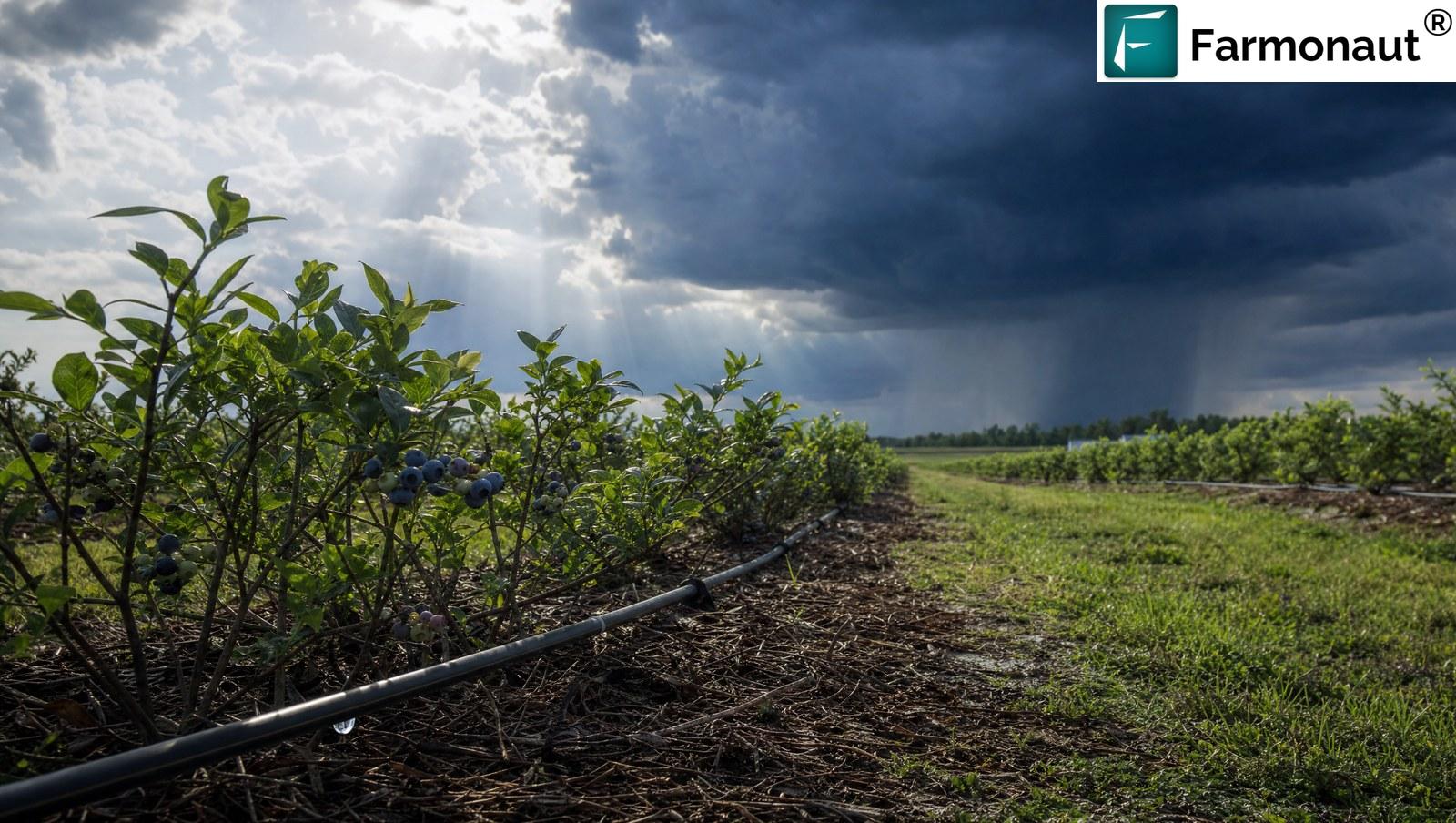 Rain Falling In The Distance Over A Blueberry Field With A Drip Irrigation Line In The Foreground, Illustrating A Rainfall-Gated Skip Day