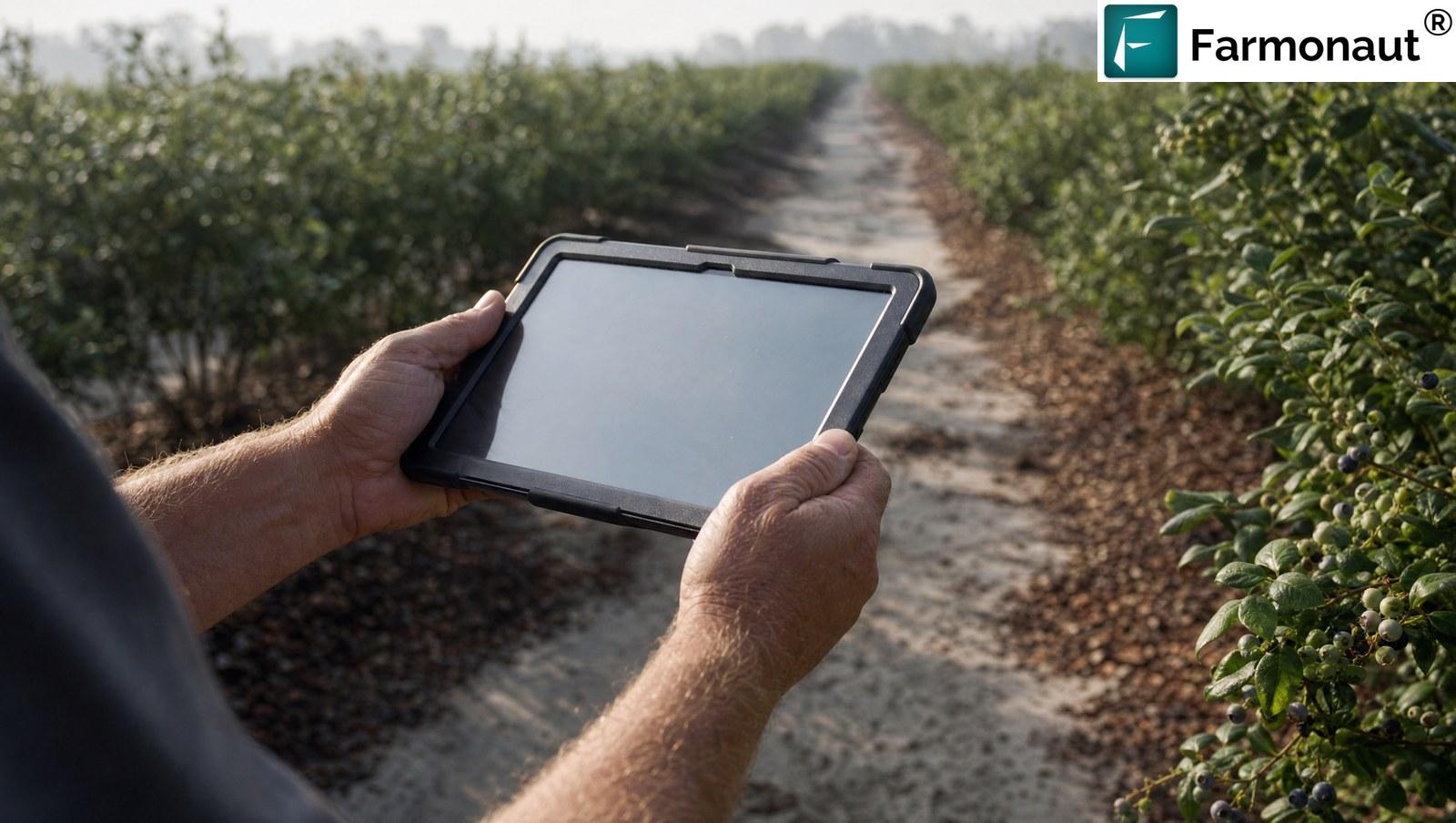 Grower Holding A Rugged Tablet In An Alley Between Blueberry Rows, Reading A Satellite Blueberry Crop Advisory In The Field