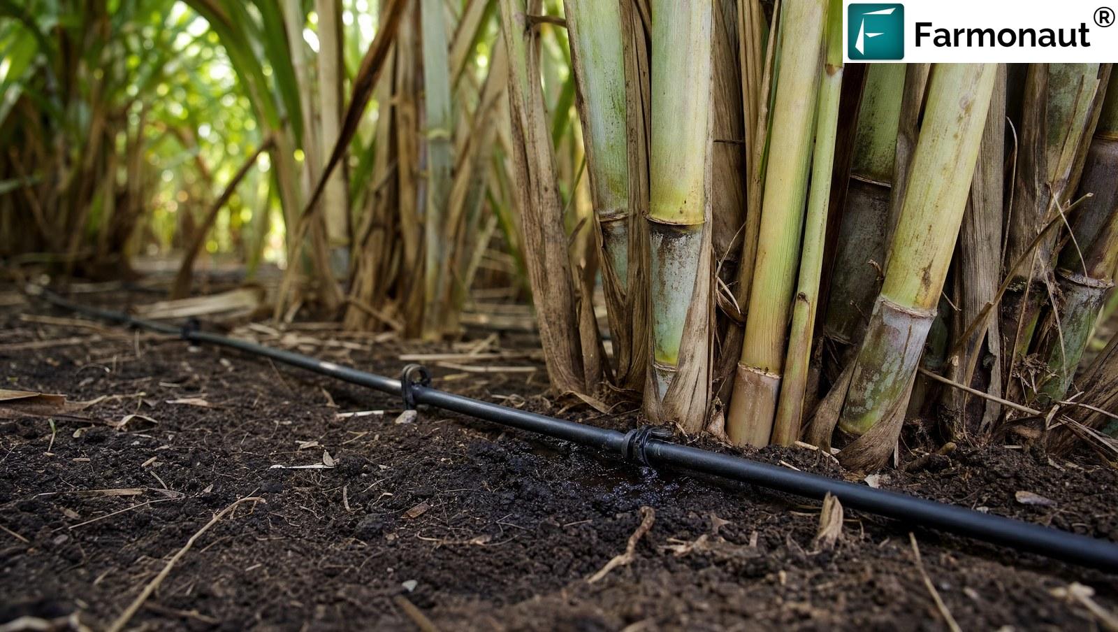 Drip Irrigation Lateral With An Emitter Wetting Soil At The Base Of A Sugarcane Clump