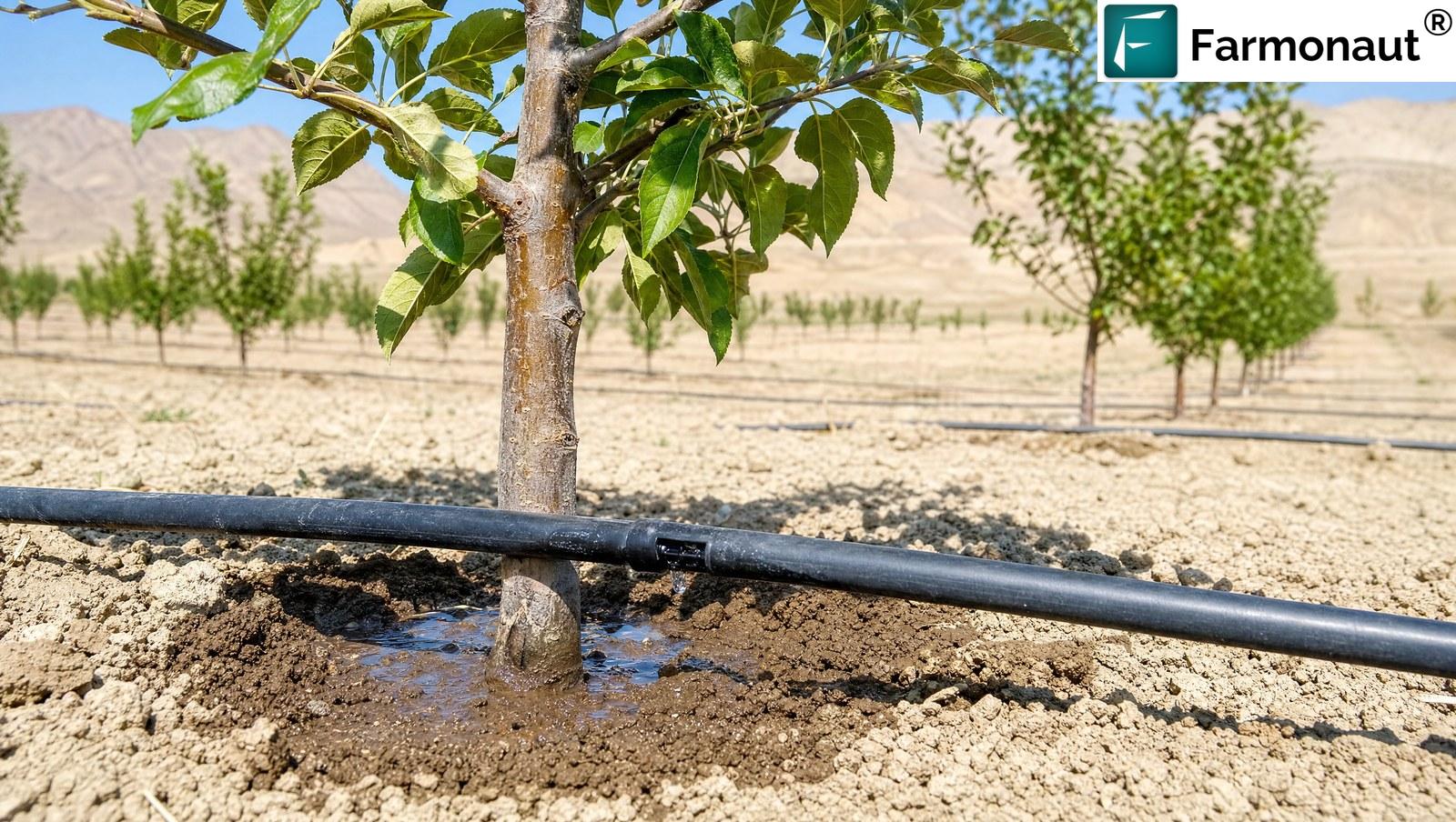 Drip Irrigation Line And Emitter Wetting Soil At The Base Of A Young Fruit Tree In An Arid Orchard