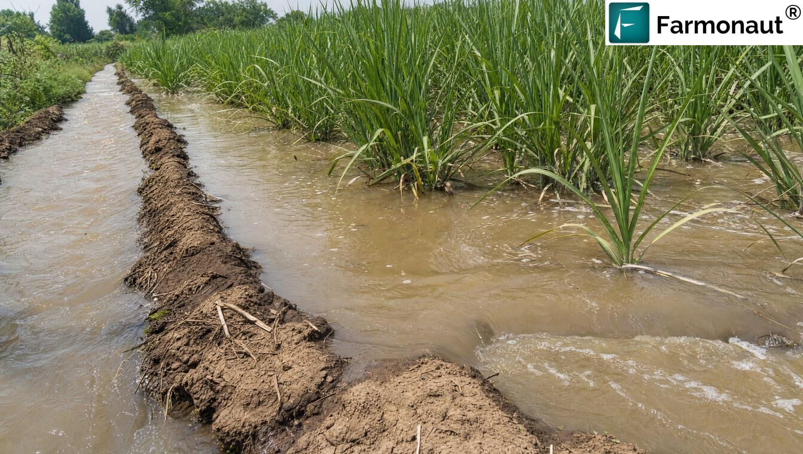 Flood Irrigation Water Sheeting Across The Soil Between Sugarcane Rows In India