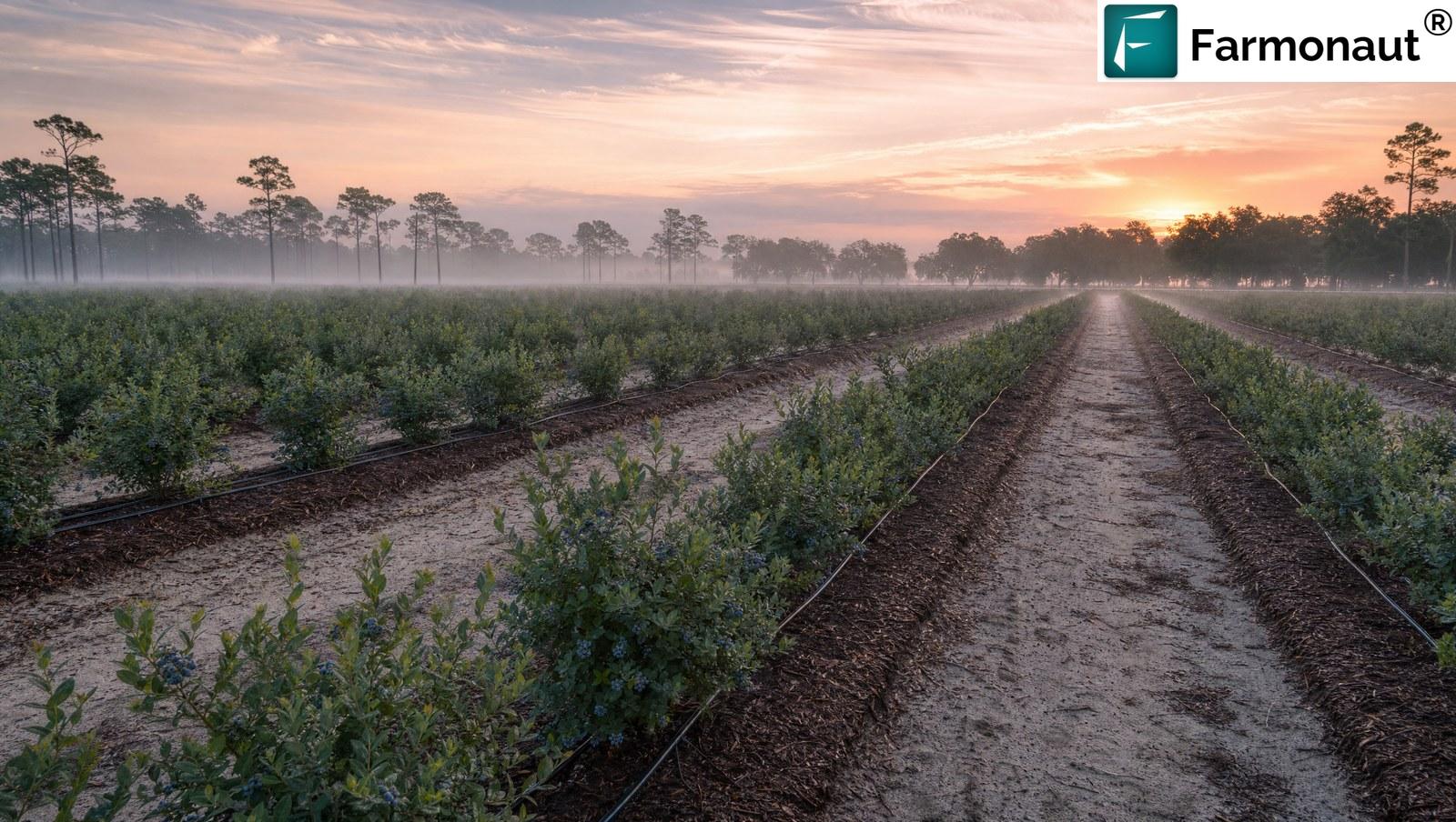Commercial Florida Blueberry Planting At Dawn, Rows On Pine-Bark Beds With Drip Irrigation Lines Running Along The Base Of The Bushes