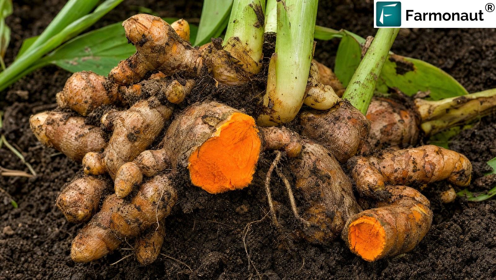 Freshly Dug Turmeric Rhizomes With One Broken Open Showing Deep Orange Flesh