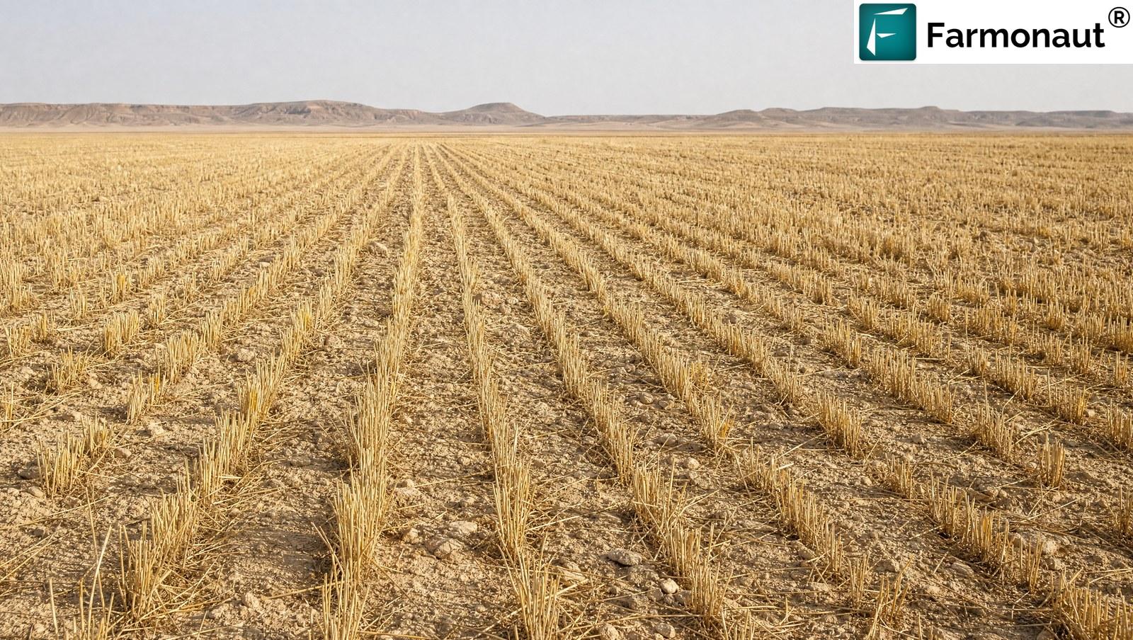 Harvested Cereal Stubble Field On The Arid Algerian Steppe With Bare Ridges On The Horizon