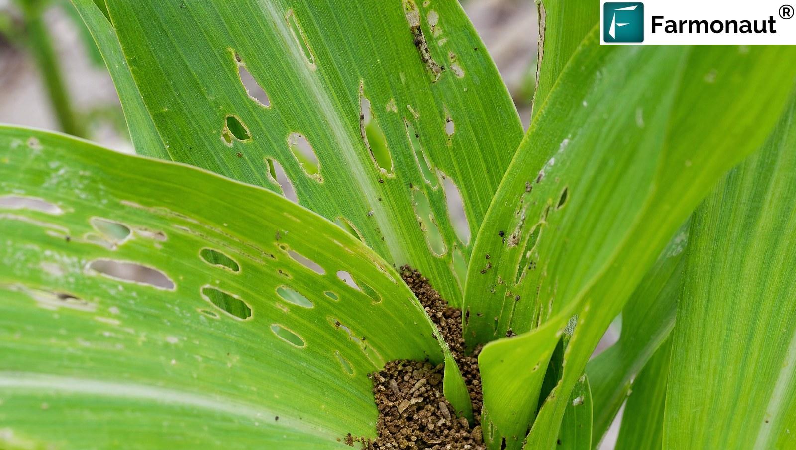 Maize Leaf Showing Ragged Window-Pane Feeding Holes And Frass In The Leaf Whorl