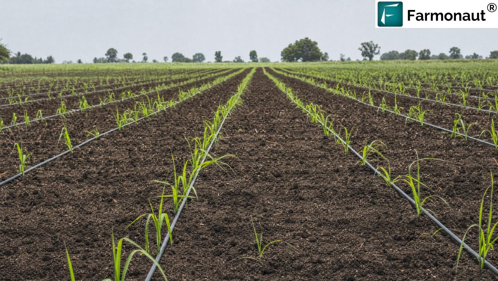 Newly Planted Sugarcane At Germination With Short Green Shoots Emerging In Widely Spaced Rows