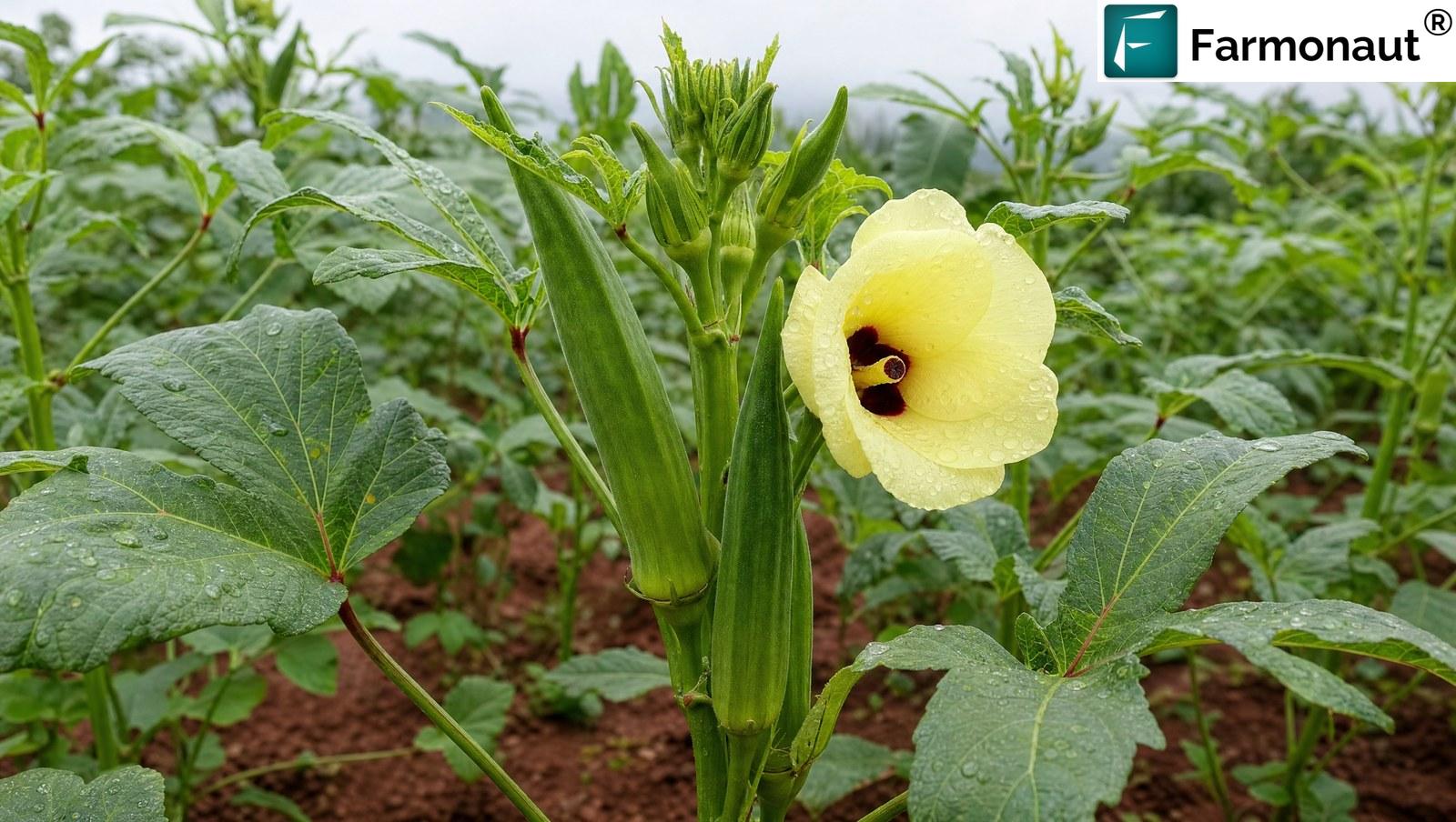 Okra Pods And Flower On A Plant In Continuous Harvest On A Tropical Plot