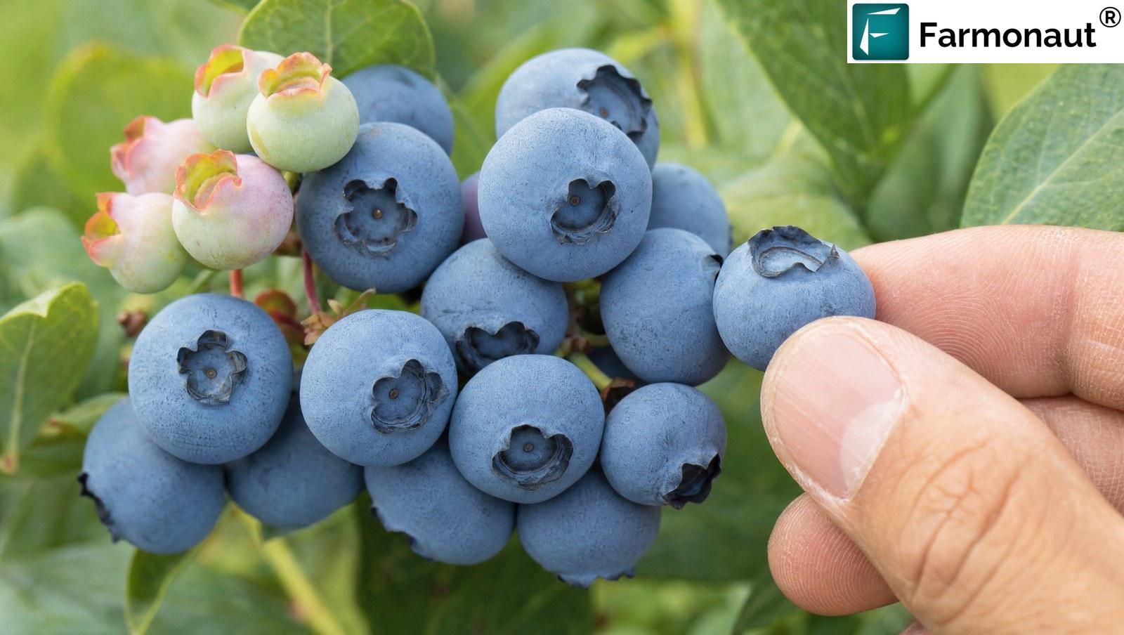Ripe Southern Highbush Blueberry Cluster With A Few Unripe Berries, Being Turned By Hand For Scouting