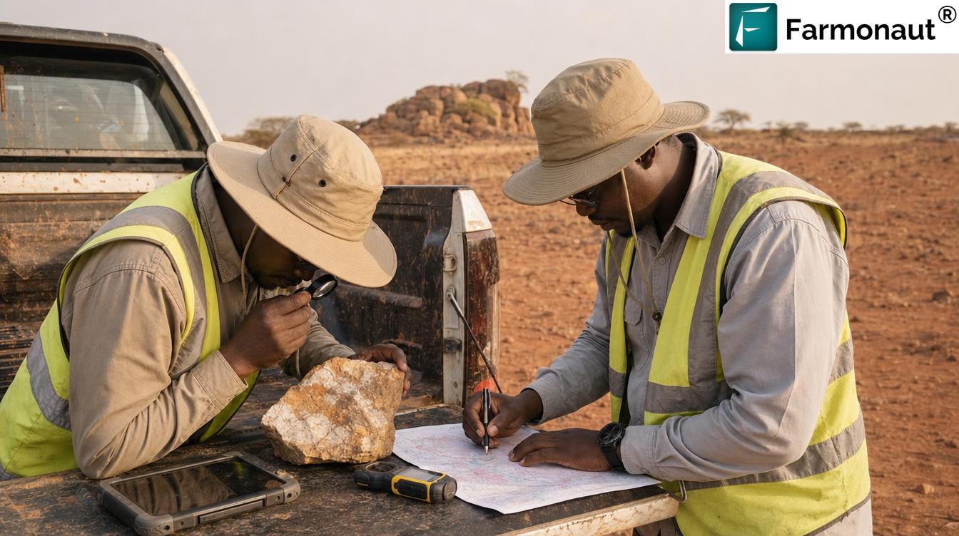 Field Geologists Examining A Quartz-Veined Rock Sample During Satellite Gold Exploration Niger Fieldwork In Sahelian Terrain