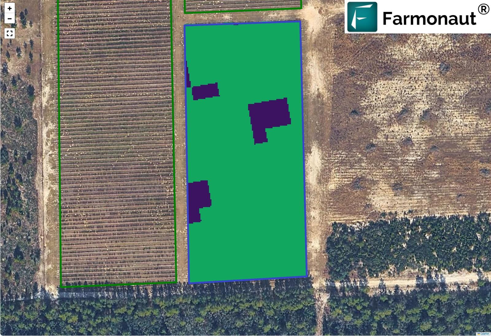 Satellite Blueberry Crop Advisory Zone Health Map Showing Healthy Canopy In Green And Stressed Patches In Purple Across A Florida Blueberry Block