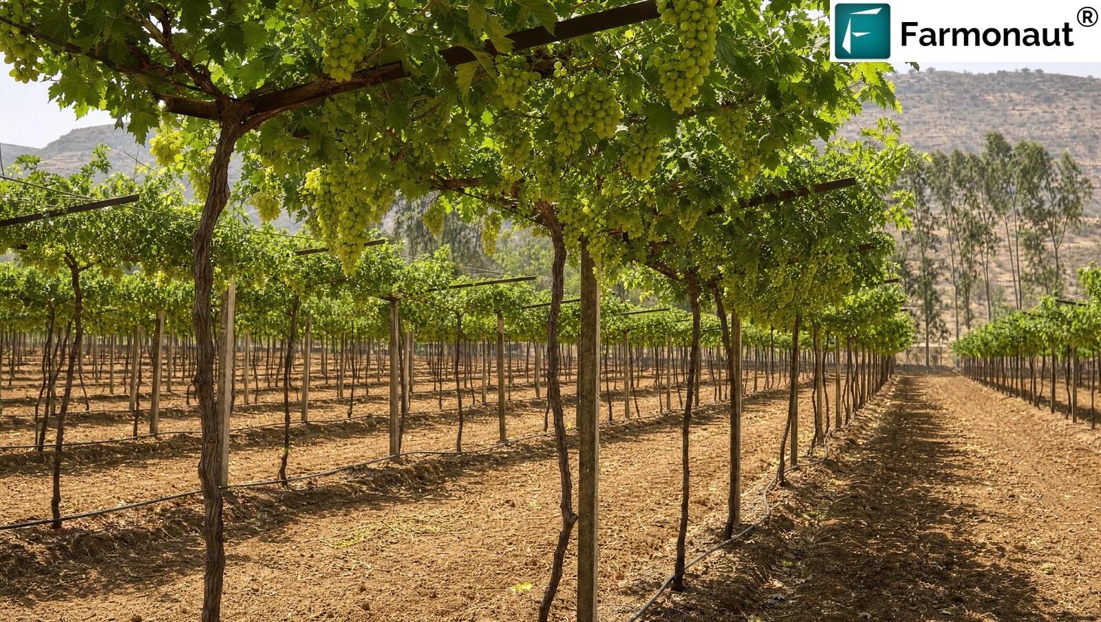 Table Grape Vineyard On An Overhead Y-Trellis With Hanging Bunches On The Deccan Plateau