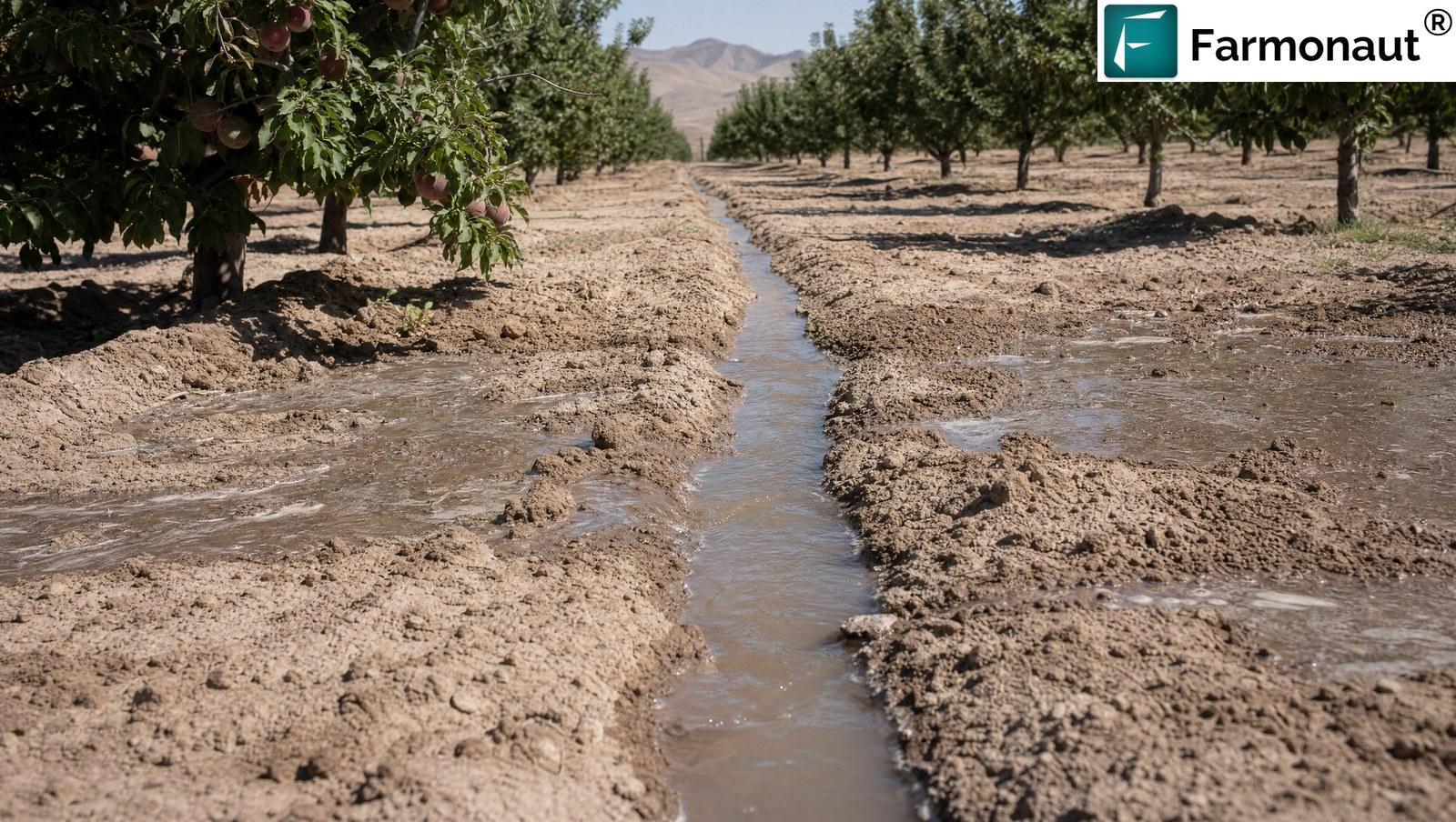 Traditional Furrow Flood Irrigation Water Running Between Fruit Tree Rows Across Bare Soil In A Central Asian Orchard