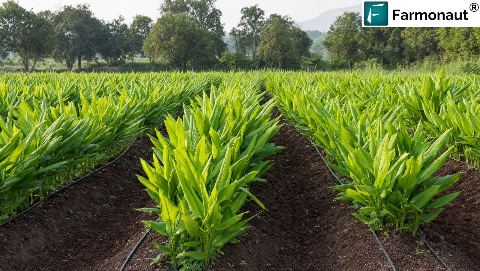 Turmeric Growing On Broad Raised Beds With Drip Laterals At Vegetative Stage In Maharashtra