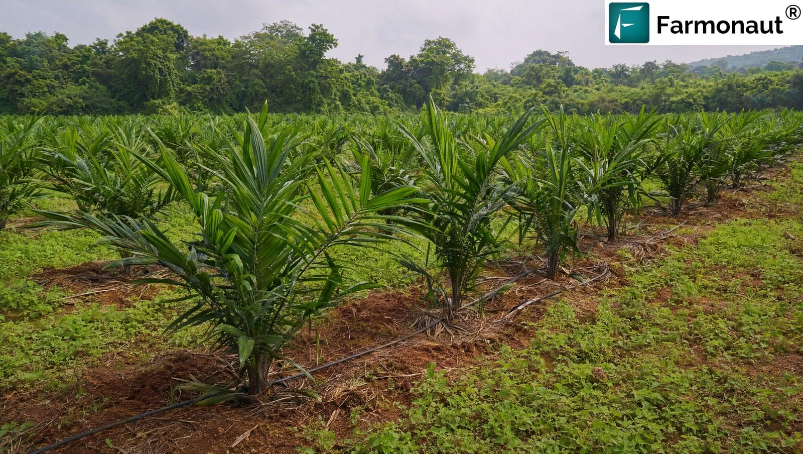 Young Oil Palm Plantation On Red Laterite Soil With Drip Irrigation Laterals In Telangana