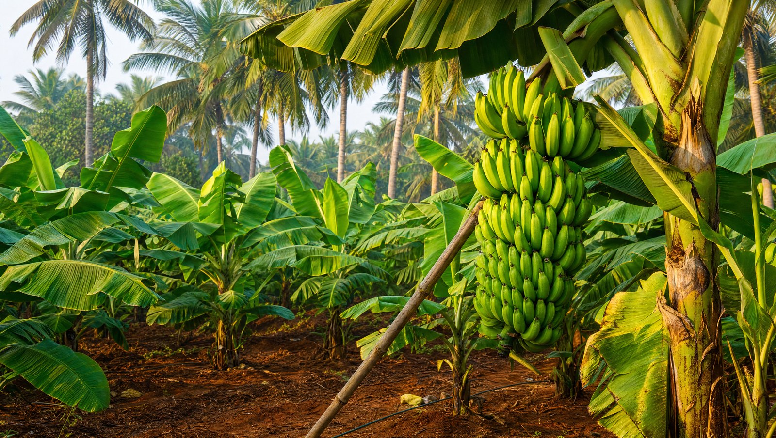 Banana Plantation At Harvest In Tamil Nadu With A Mature Bunch Propped On A Bamboo Pole
