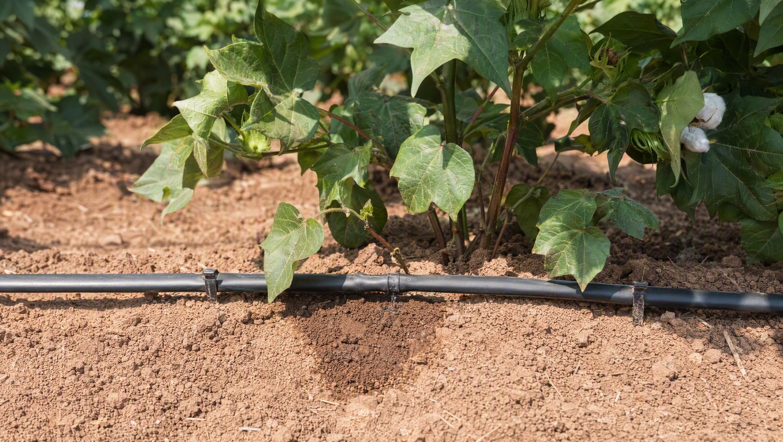 Drip Emitter Releasing A Small Wet Circle At The Base Of A Cotton Plant With Dry Soil Around It