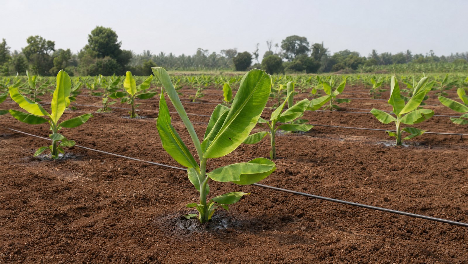 Young Banana Planting At The Vegetative Stage With Wide Bare Rows And Drip Laterals