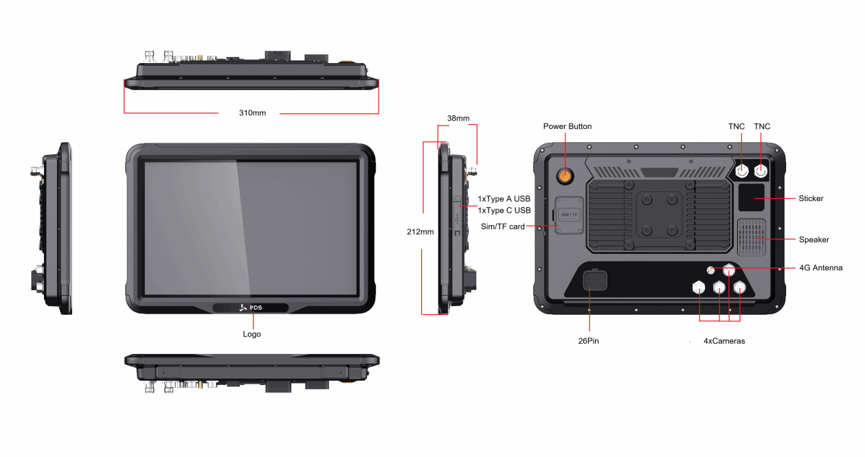 T12 Product Diagram Showing Front, Side, Top, And Rear Views With Dimensions, Ports, Cameras, And Antenna Locations