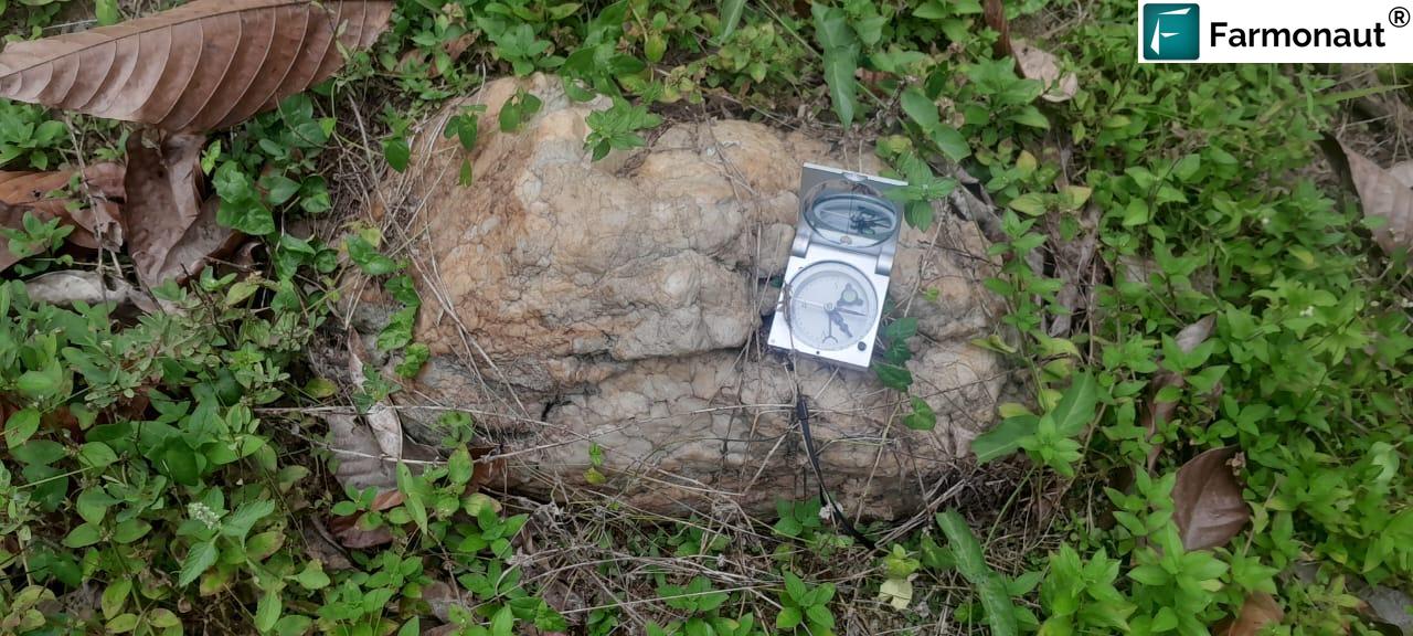 In-Situ Quartz Boulder With Geological Compass For Scale At A Satellite Gold Exploration West Africa Target Zone