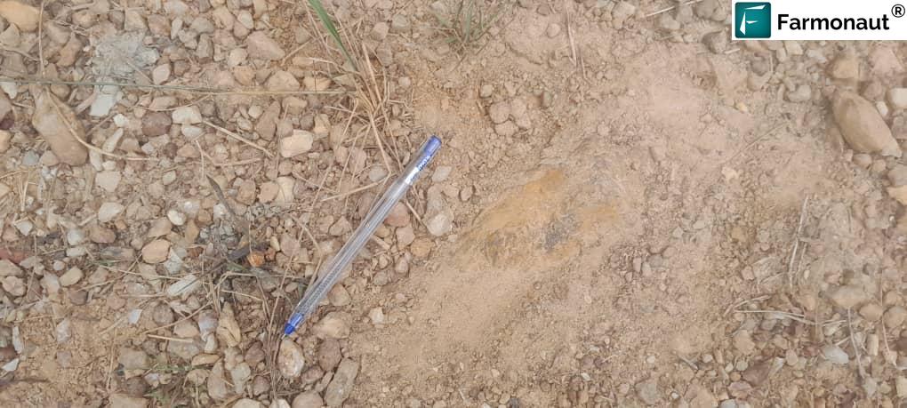 Quartz Gravels And Iron Oxide Staining At The Foot Of A Hill, Pen For Scale