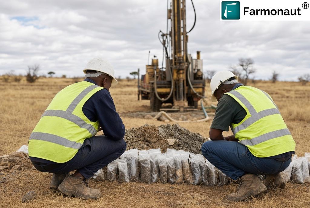Exploration Geologists Inspecting Drill Cuttings And Sample Bags At A Southern African Gold Drilling Site After Satellite Gold Exploration Targeting